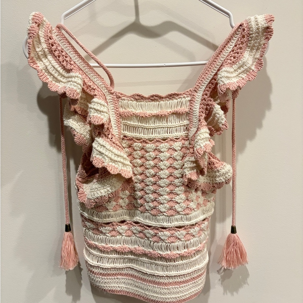 Zimmermann Pink & Cream Crochet Ruffle Tank